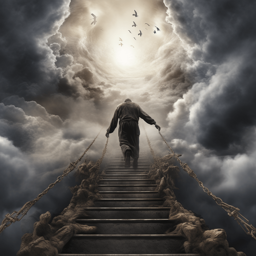 Man walking up stairs from darkness into bright clouds